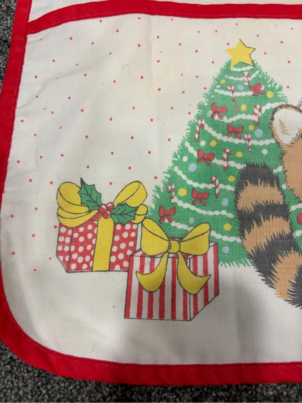 Vintage Christmas Raccoon Apron - Red Trim with graphic and pockets-tie waist